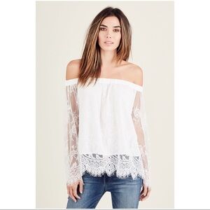 TRUE RELIGION Off Shoulder White Lace Top Blouse Floral Fairy Boho Romantic S